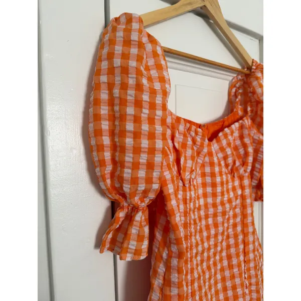 Orange Gingham Puff Sleeve Bustier Bodycon Mini Dress Sweetheart Neck Large - Image 5