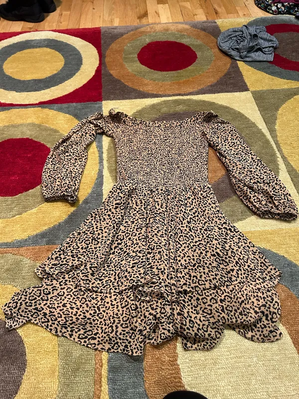 Bardot Leopard Print Animal Print Ruffle Mini Dres Off The Shoulder Smocked XS - Image 4