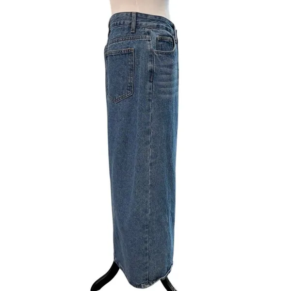 Women’s Blue Denim Maxi Skirt Front Slit Size M Cotton Jean Skirt Long - Image 4