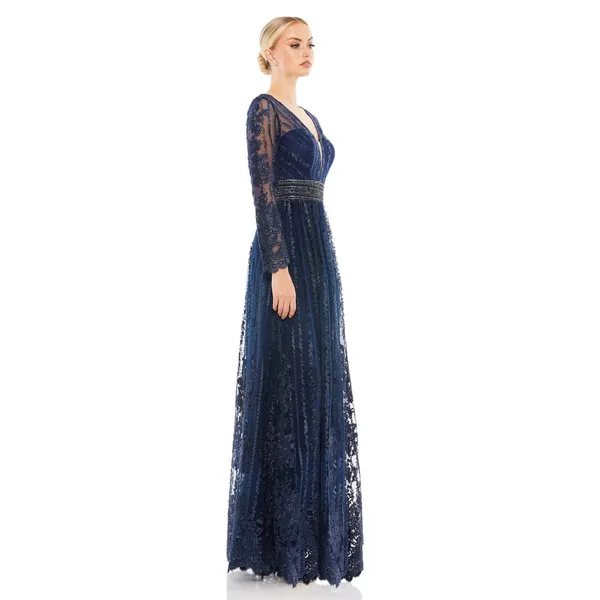 Mac Duggal Long Sleeve Floral Illusion‎ Midnight Navy A Line Gown Size 8 NWT - Image 2