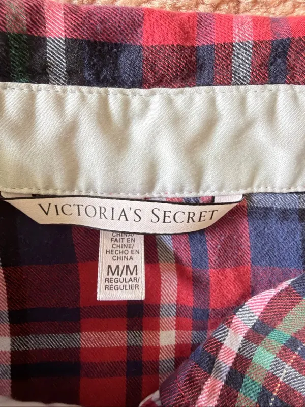Victoria’s Secret Plaid Pajama Top Size M Gold Lurex Button Down Sleep Shirt - Image 2