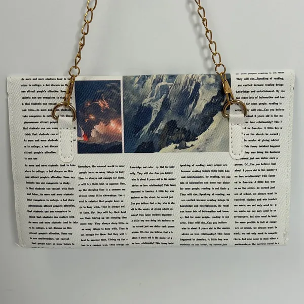 Befet Bay Newspaper Print‎ Envelope Clutch Crossbody Bag Gold Chain White Black - Image 4
