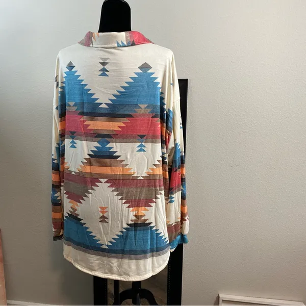 Boho Shacket Tribal Aztec Print Cream Button Collar Pockets Long Sleeve Medium - Image 10