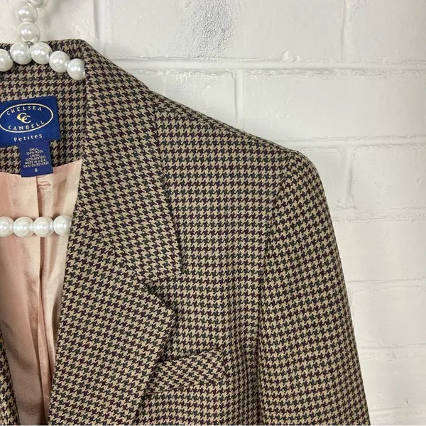 Vintage Chelsea Campbell Petites Brown Houndstooth Wool Blazer Jacket Size 8P - Image 6