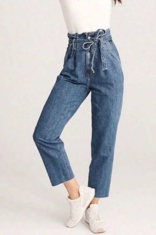 Abercrombie & Fitch Women's High Rise Mom Paperbag Waist Belted Jeans Blue Sz 32 - Image 8