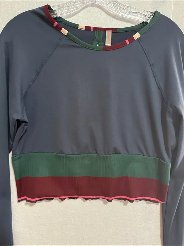 Free People Navy Cropped Long-Sleeve Top Open Back with Green and Burgundy Trim - Image 3