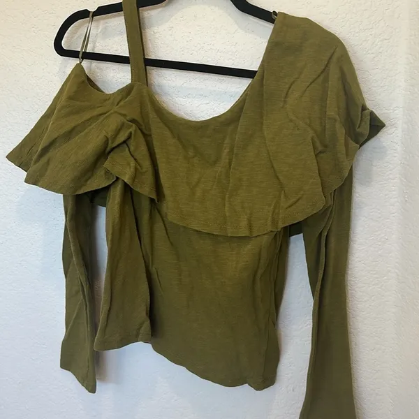 Anthropologie Postmark Olive‎ Green One Shoulder Ruffle Long Sleeve Top Shirt Sm - Image 7