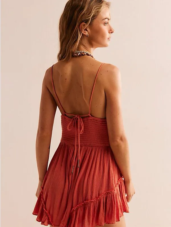 Free People Brielle Coral Tie-Front Ruffle Romper NWOT Large - Image 5