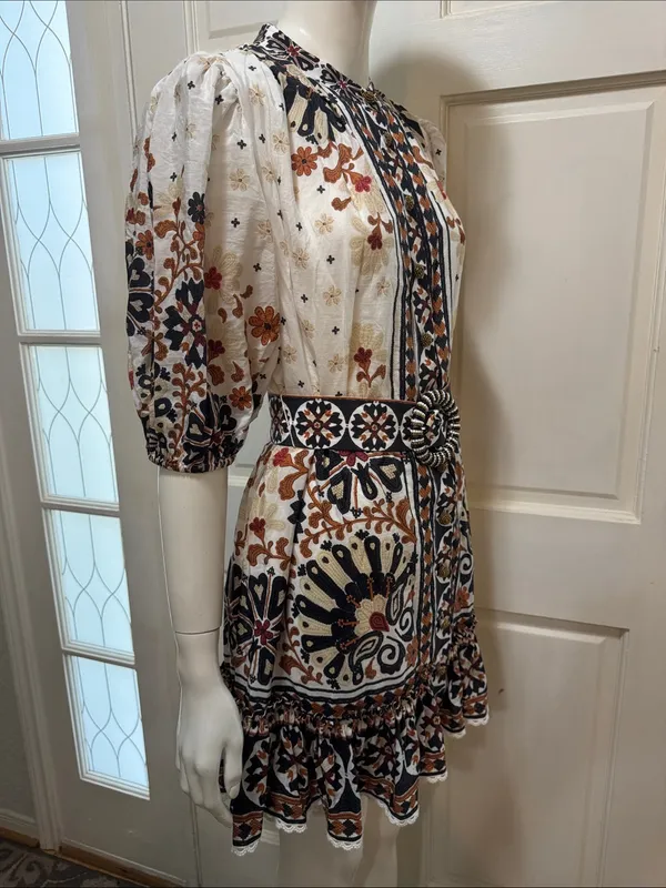 Farm Rio Flower Fan Tapestry Off-White Mini Dress Size Large. - Image 8