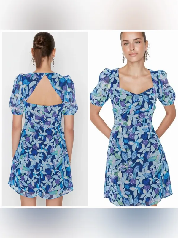 Trendyol Blue Floral Puff Sleeve Open Back Mini Dress EU 38 US 6 Small - Image 2