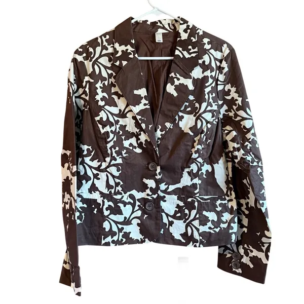 XL Brown White Crop Floral Print Blazer Jacket Pockets Old Navy - Image 2
