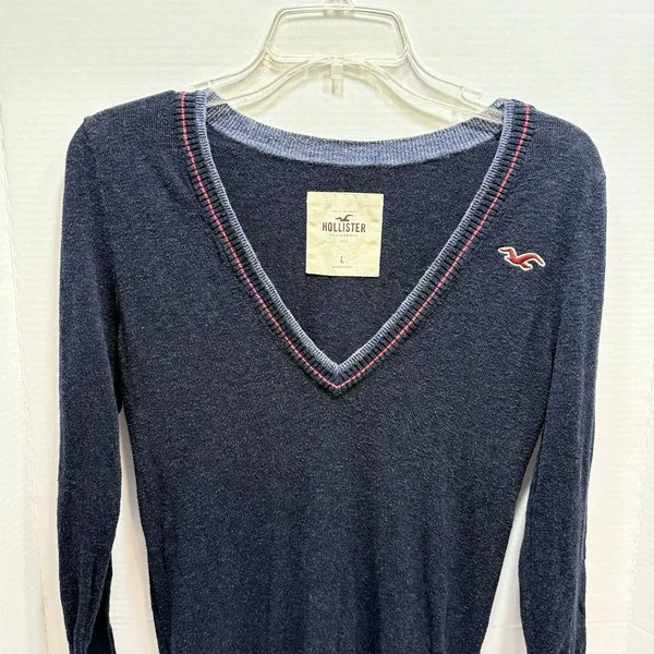 Hollister Y2K Navy V-Neck Sweater Red Striped Trim Preppy Bella Swan Core L - Image 2