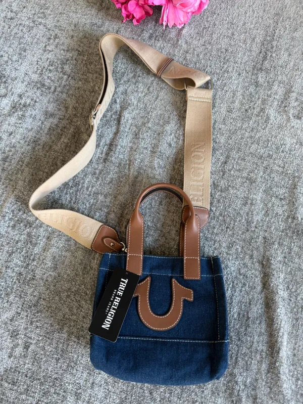 True Religion Navy Denim Mini Tote with Brown Leather Accents - Image 2