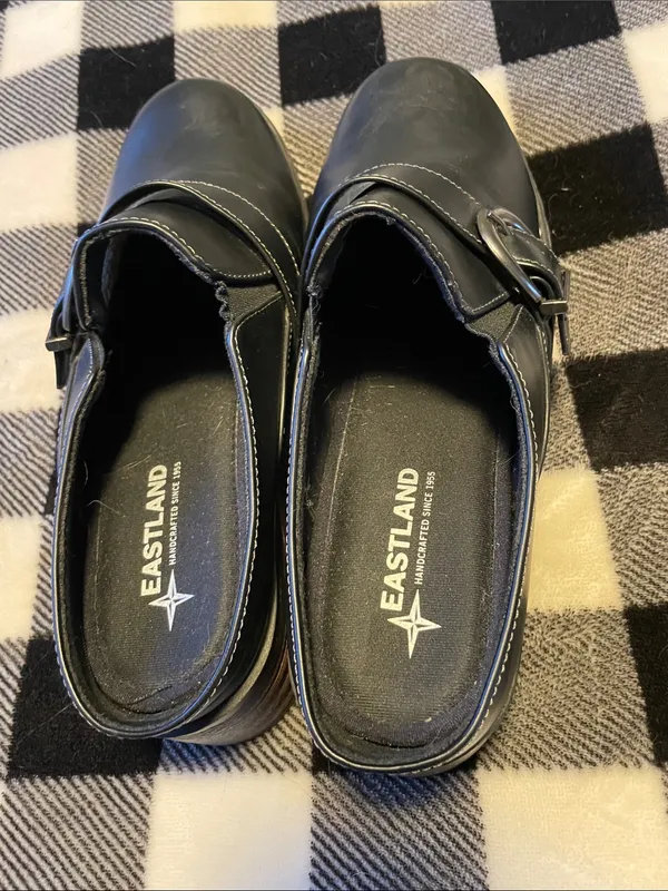 Eastland Black Leather Slip-On Mules with Buckle Detail - Image 7