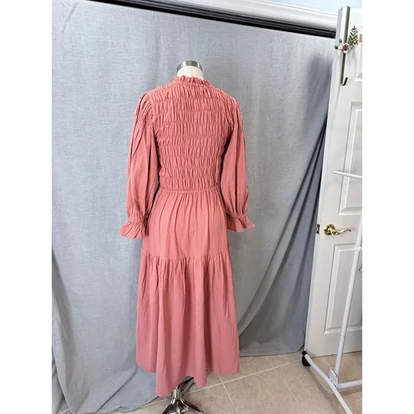 BALILN Dusty Pink Linen Maxi Dress Smocked Long Puff Sleeve Tiered Boho XL - Image 9
