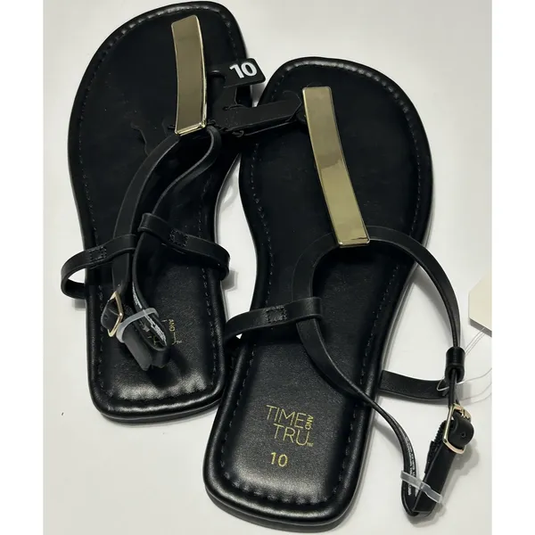 Time and Tru Womens Hardware T-Strap Flat Sandals Black Gold NWT Size 10 EU 41 - Image 8
