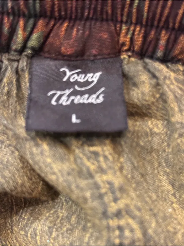 Young Threads Boho Tiered Patchwork Pants in Olive Multi Sz L - Image 4
