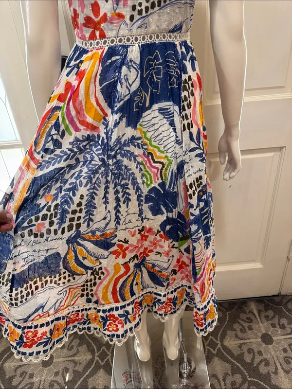 Farm Rio Cotton Floral Print Maxi Dress Eyelet Midi Fit Flare Dress Size XSmall - Image 11
