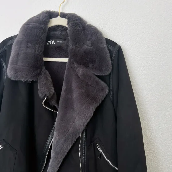 [Zara] Black Faux Fur Suede Double-Faced Oversized Moto Jacket Blogger Fave XS - Image 6