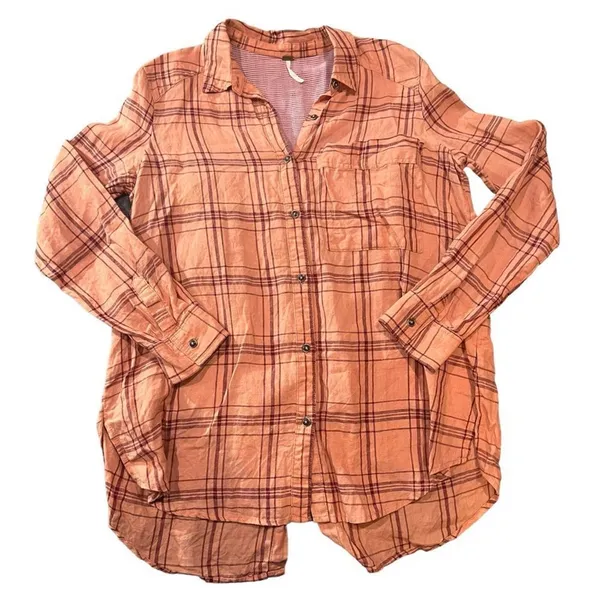 Free People Overshirt Womens Small Orange‎ Plaid Button Front Collared - Image 2