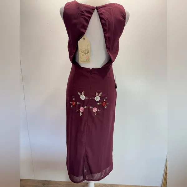 Burgundy Sleeveless Midi Dress Sequined Flowers Open Back Party Elegant Wedding - Image 6