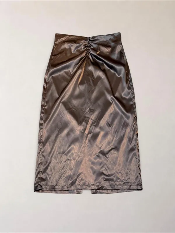 Commense Size L Chocolate Brown Satin Ruched Midi Skirt Slit - Image 2