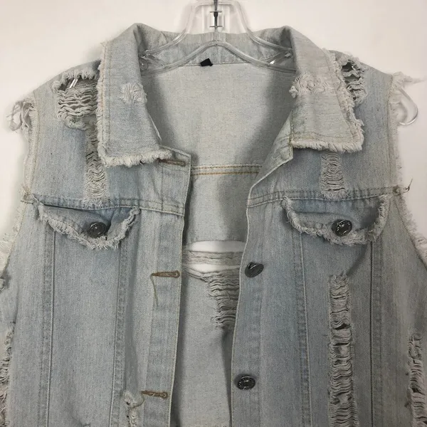 Distressed Denim Vest Womens Medium Long Length Western Cowgirl Rodeo Festival - Image 4