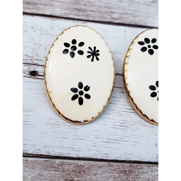 Vintage Clip On Earrings - Large Oval Cream with Black Flowers - Image 3