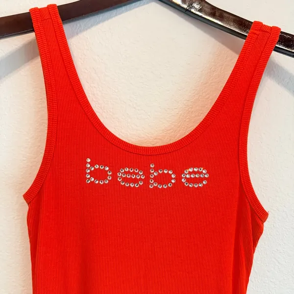BEBE rhinestones embelished signature ribbed tank top, orange, size S, NWOT - Image 5