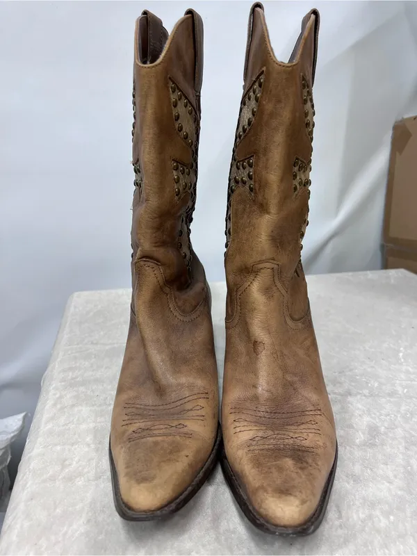 Women's Tan Leather Western Boots pointed toe w/Stud Detail 8 1/2M Cowboy rodeo - Image 7