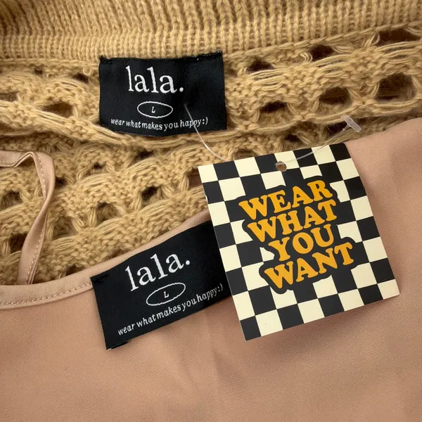 NWT Dressed In Lala Open Knit Polo Midi Dress Large Taupe Tan Crochet Cover Up - Image 4
