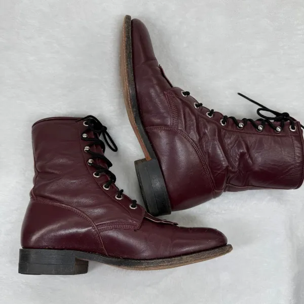 Justin L510 Burgundy Leather Lace Up Roper Boots Kiltie Fringe USA Made‎ 7B - Image 11