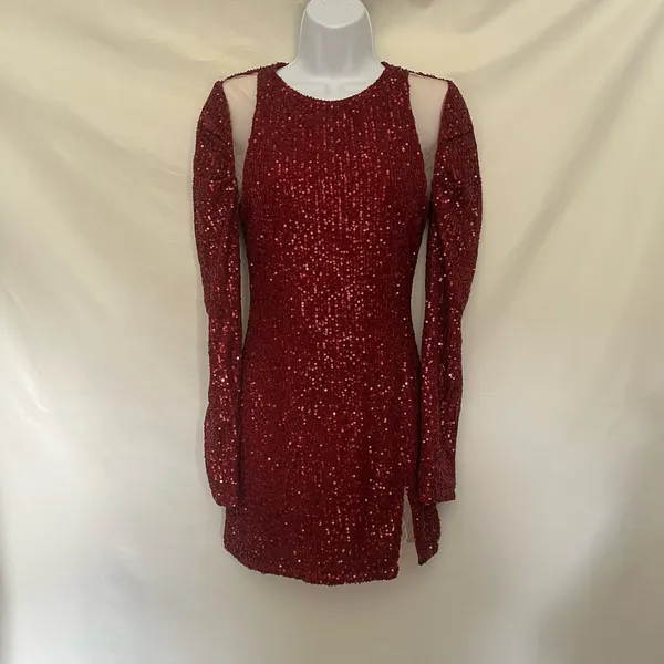 Y2K Luxe Dress Red Sequin Mini Dress Sz S Mesh Cutout Clubwear Glam Holiday NYE - Image 16