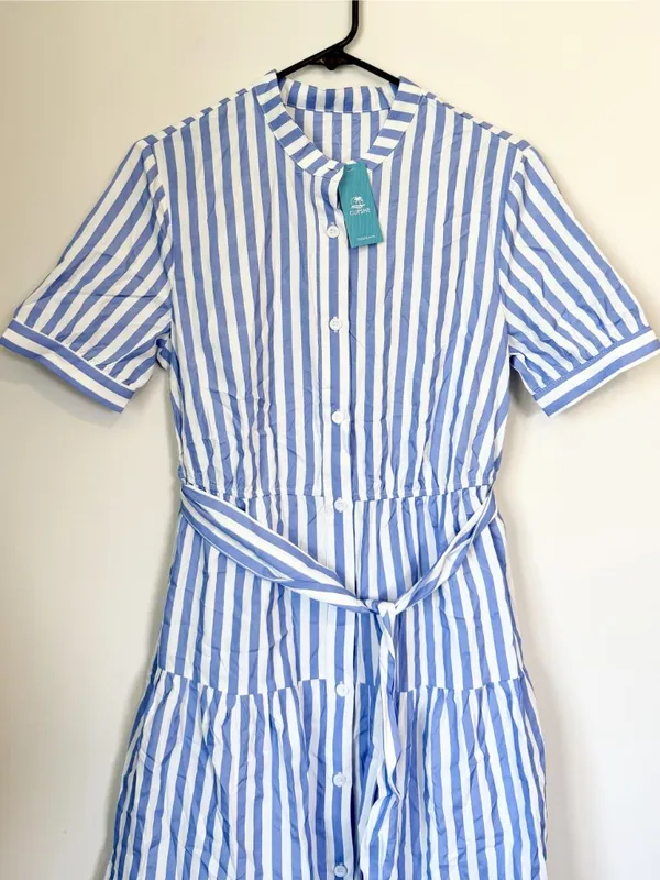 NWT Cupshe Blue Striped Puff Sleeve Front Button Maxi Dress - Size: Small - Image 6