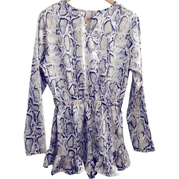 Boohoo Gray Snake Print Ruffle Long Sleeve Surplus Vneck Romper 8 - Image 4
