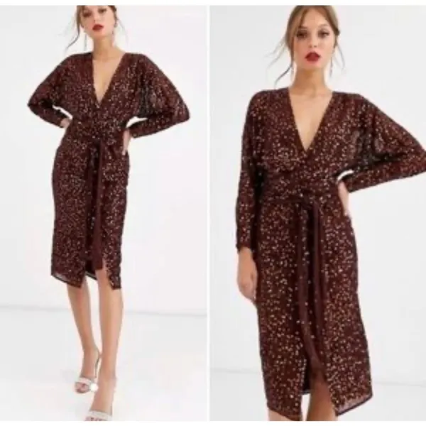 ASOS DESIGN midi dress with batwing sleeve and wrap waist in scatter sequin - Image 2