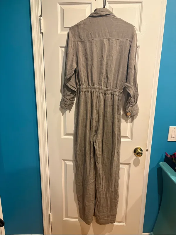 Zara utility coverall jumpsuit M taupe zipper elastic waist safari linen blend - Image 3