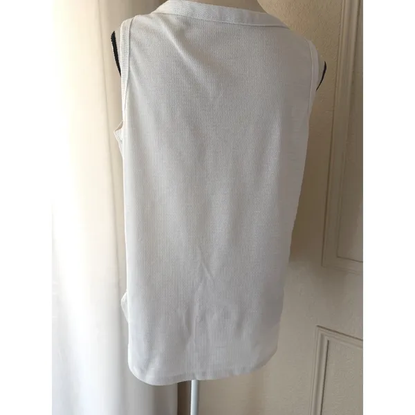 White Waffle Knit Button Front Tie Hem Tank Top Sleeveless V-Neck Large‎ - Image 3
