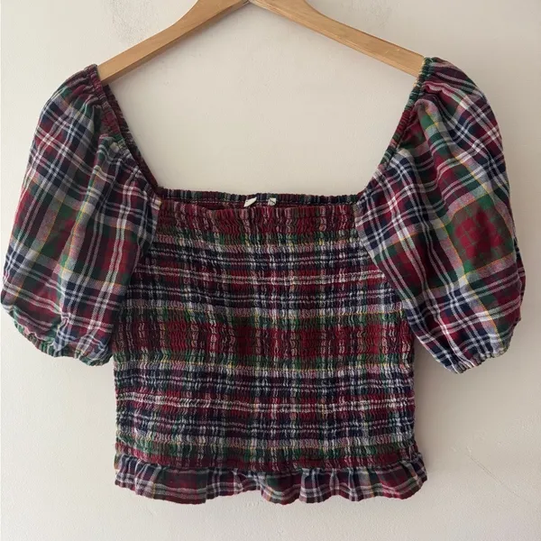 American Eagle Women's Plaid Puff Sleeve‎ Smocked Top Y2K Vibes - Image 2