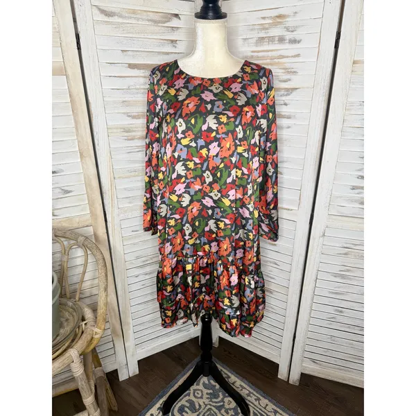 COMPANIA FANTASTICA Women's XL Satin Multicolor Floral Shift Dress Ruffle Hem - Image 16