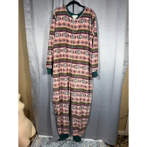 Natural Life Fleece Jumpsuit Pajamas L/XL Pink Fair Isle Floral Boho Loungewear - Image 2