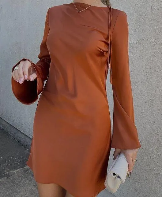 By Anthropologie Women’s Long Bell Sleeve Cowl Neck Satin Brown Mini Dress XS - Image 11