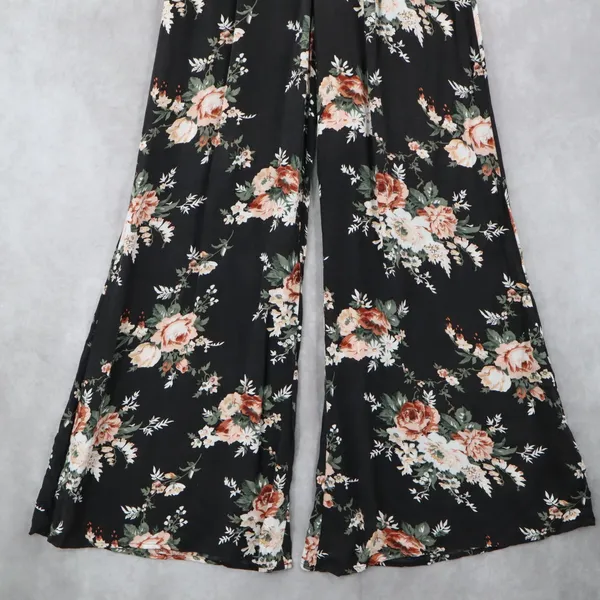 Copper Key Black Floral Wide Leg Pants Boho Palazzo High Waist Lounge VTG‎ Small - Image 5