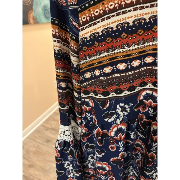 Entro Navy Blue Boho Floral Paisley Bell Sleeve Lace Accent Tunic Top Dress L - Image 3