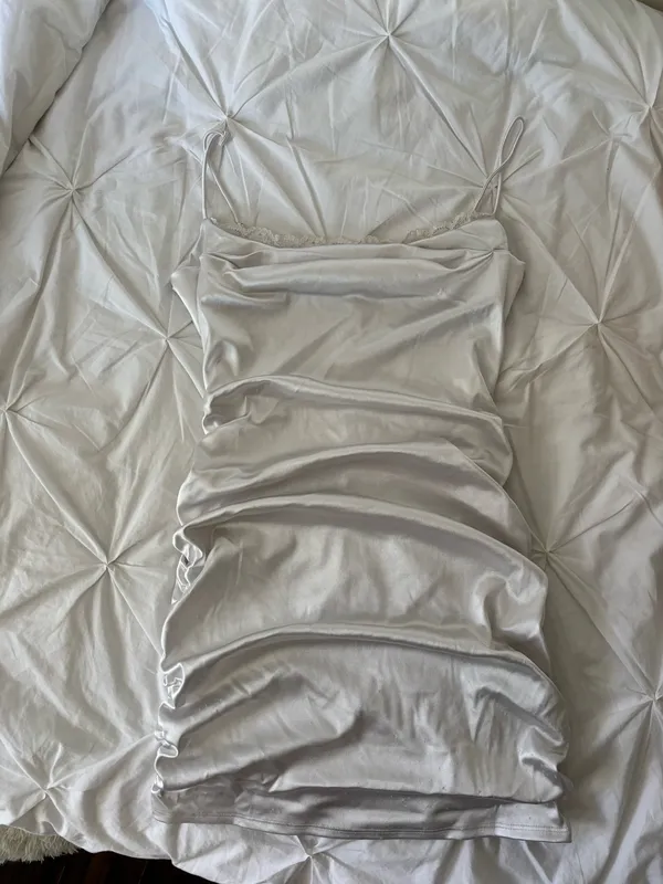 Lucy in the Sky High-Cowl Ruched Dress in White Satin - Image 2