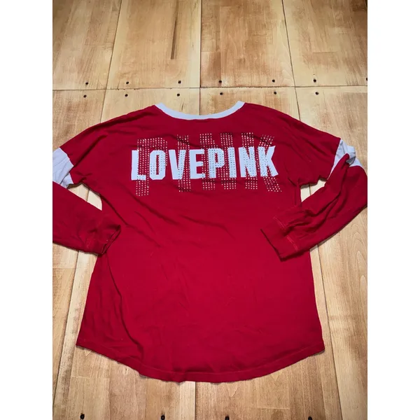 PINK Victoria's Secret Red Long Sleeve‎ Graphic T Shirt Rhinestone Dog Logo M - Image 2