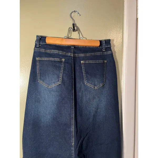 Womens Sz 8 Maxi Denim Skirt Dark Wash Slit Back Stretch Cotton Jeans High Waist - Image 6