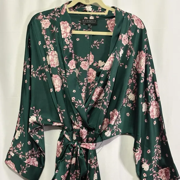 Eloquii Womens Satin Faux Wrap Dress Green Pink Floral Blossoms Kimono-Inspired - Image 3