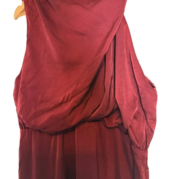 Sweetkama Burgundy Mock High Neck Draped Satin Cocktail Midi Dress Size XL - Image 4