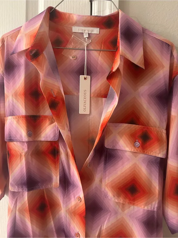 Olivaceous Geometric Short-Sleeve Button-Down Shirt Dress - Purple & Orange - Image 2